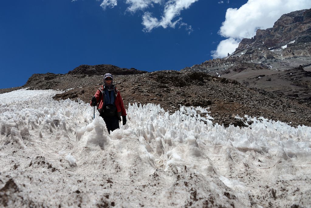 17 Jerome Ryan Exiting The Ice Penitentes Just Before Plaza de Mulas Base Camp With Aconcagua West Face Above